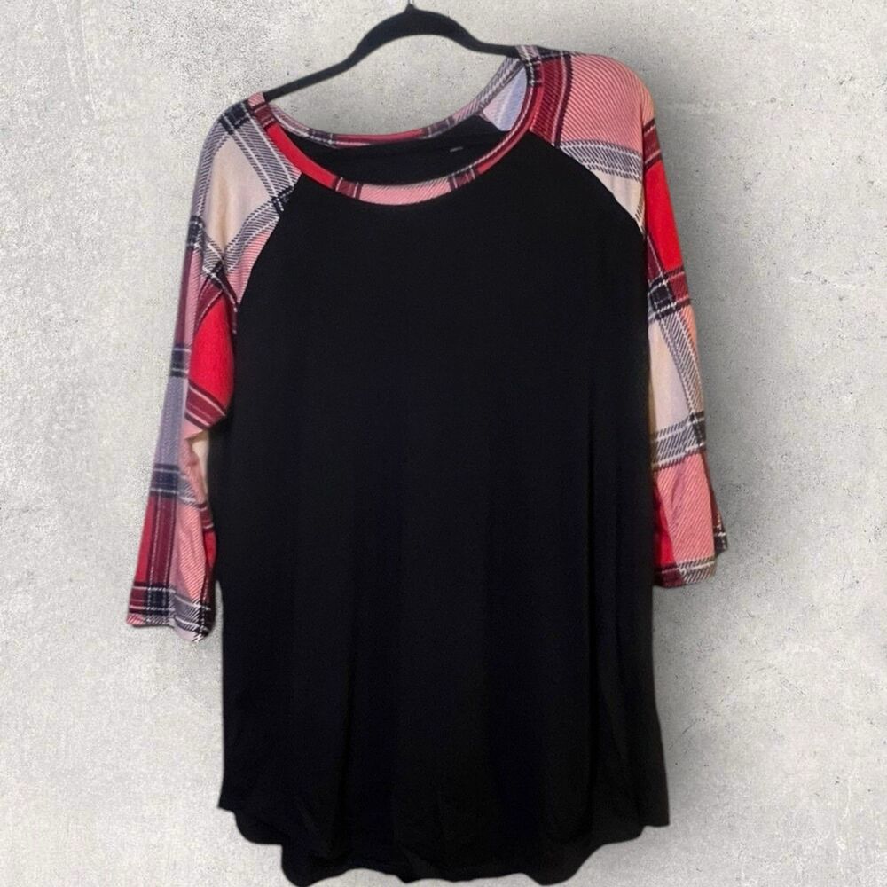 Acting Pro Woman's Black Knit Red Plaid 3/4 Raglan Sleeve Top Plus Size …